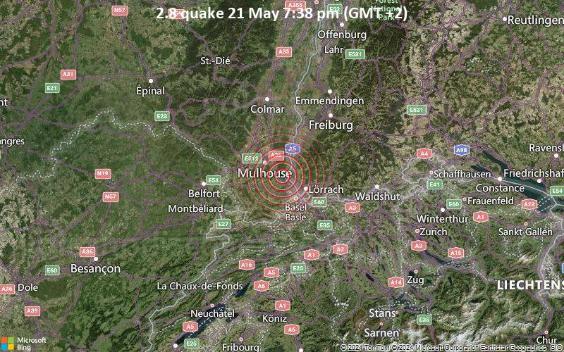 Schwaches Erdbeben Stärke 2.8 - France: Mulhouse F am Dienstag, 21. Mai 2024, um 19:38 (GMT +2)