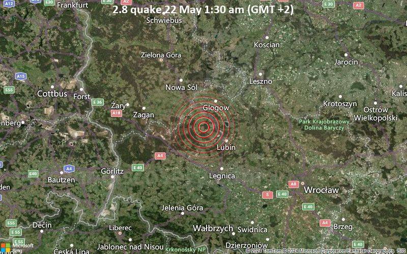 Schwaches Erdbeben Stärke 2.8 - 19 km nordwestlich von Lubin, Niederschlesien, Polen, am Mittwoch, 22. Mai 2024, um 01:30 (Warsaw Zeit)