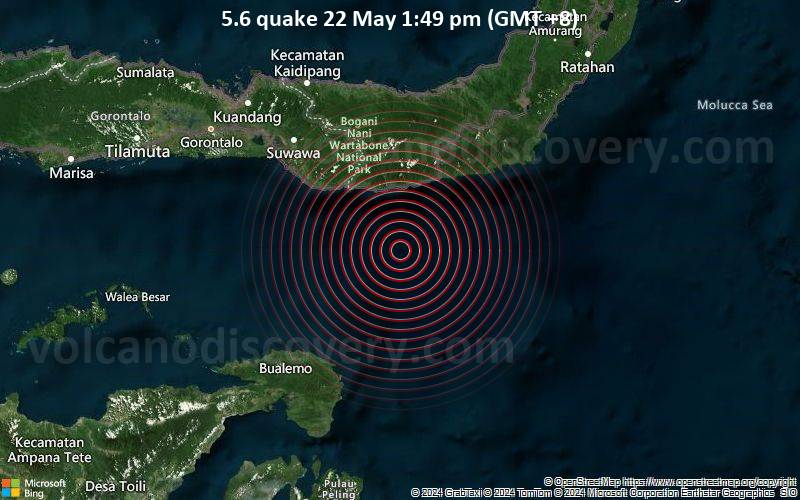 Starkes Beben der Stärke 5.6 - 99 km südöstlich von Gorontalo, Gorontalo, Indonesien, am Mittwoch, 22. Mai 2024, um 13:49 (GMT +8)
