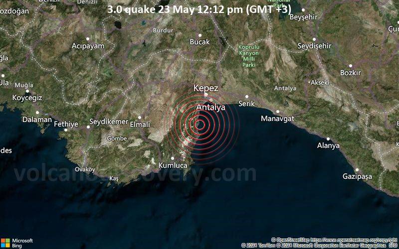 Leichtes Erdbeben der Stärke 3.0 - Östliches Mittelmeer, 28 km südlich von Antalya, Antalya, Türkei, am Donnerstag, 23. Mai 2024, um 12:12 (Istanbul Zeit)