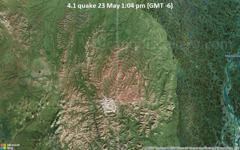 Moderates Erdbeben der Stärke 4.1 - 58 km westlich von Aklavik, Inuvik, Northwest Territories, Kanada, am Donnerstag, 23. Mai 2024, um 13:04 (Yellowknife Zeit)