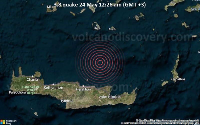 Leichtes Erdbeben der Stärke 3.8 - Greece: 49 Km N from Heraklion am Freitag, 24. Mai 2024, um 00:26 (Athens Zeit)