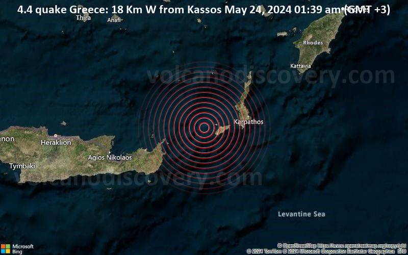 Moderates Erdbeben der Stärke 4.4 - Greece: 18 Km W from Kassos am Freitag, 24. Mai 2024, um 01:39 (GMT +3)