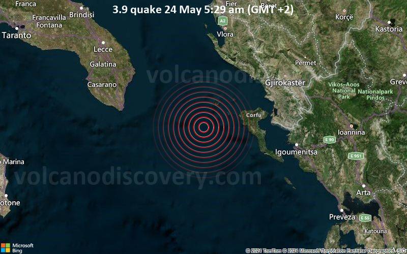 Leichtes Erdbeben der Stärke 3.9 - 57 km westlich von Korfu, Korfu, Ionische Inseln, Griechenland, am Freitag, 24. Mai 2024, um 05:29 (GMT +2)