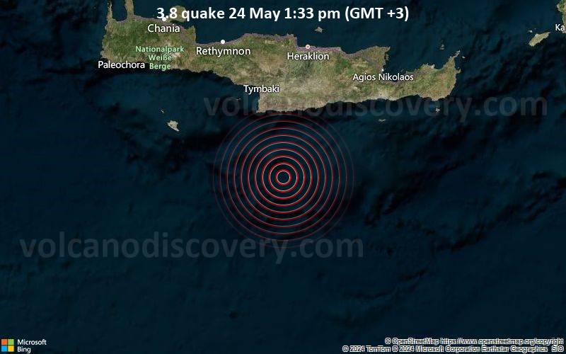 Leichtes Erdbeben der Stärke 3.8 - Greece: 48 Km SSE from Kaloi Limenes am Freitag, 24. Mai 2024, um 12:33 (GMT +2)