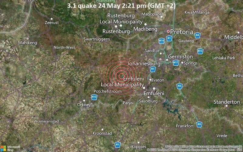 Leichtes Erdbeben der Stärke 3.1 - 13 km südwestlich von Carletonville, Gauteng, Südafrika, am Freitag, 24. Mai 2024, um 14:21 (Johannesburg Zeit)