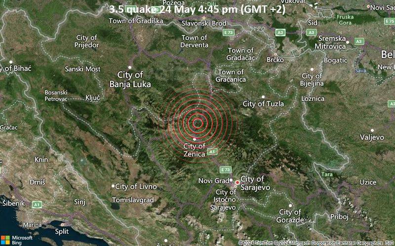 Leichtes Erdbeben der Stärke 3.5 - Northwestern Balkan Region am Freitag, 24. Mai 2024, um 16:45 (Sarajevo Zeit)