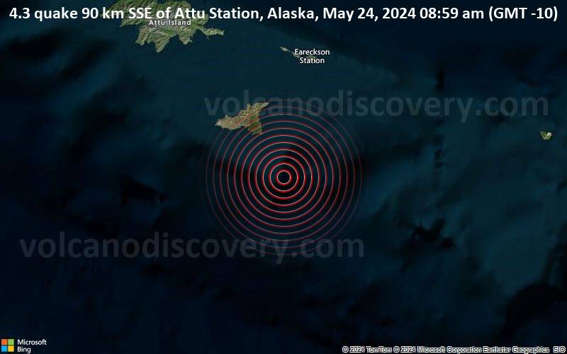 Moderates Erdbeben der Stärke 4.3 - 90 km SSE of Attu Station, Alaska, am Freitag, 24. Mai 2024, um 08:59 (GMT -10)