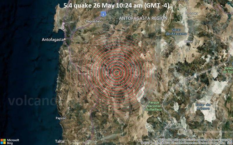Starkes Beben der Stärke 5.4 - 117 km südöstlich von Antofagasta, Antofagasta, Chile, am Sonntag, 26. Mai 2024, um 10:24 (Santiago Zeit)