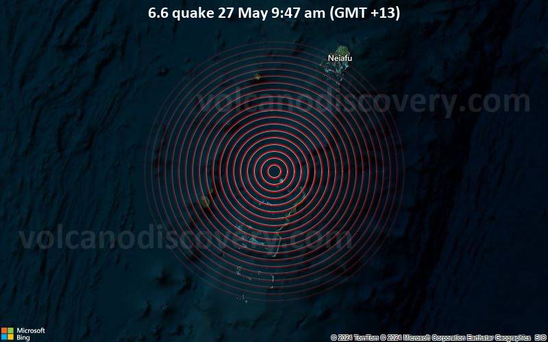 Sehr starkes Beben der Stärke 6.6 - 32 km NW of Fangale’ounga, Tonga, am Montag, 27. Mai 2024, um 09:47 (GMT +13)