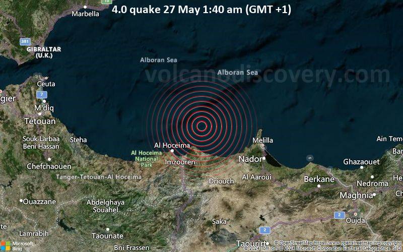 Moderates Erdbeben der Stärke 4.0 - Alboran Sea, 38 km nordöstlich von Al-Hoceima, Marokko, am Montag, 27. Mai 2024, um 01:40 (Casablanca Zeit)