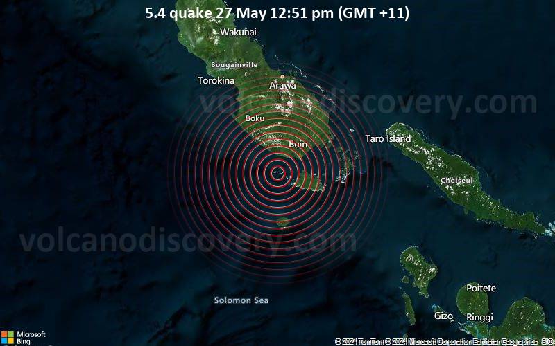 Starkes Beben der Stärke 5.4 - Solomon Islands am Montag, 27. Mai 2024, um 12:51 (Guadalcanal Zeit)