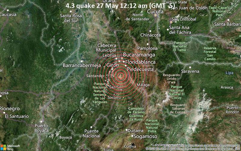 Moderates Erdbeben der Stärke 4.3 - 35 km südlich von Bucaramanga, Santander, Kolumbien, am Montag, 27. Mai 2024, um 00:12 (Bogota Zeit)