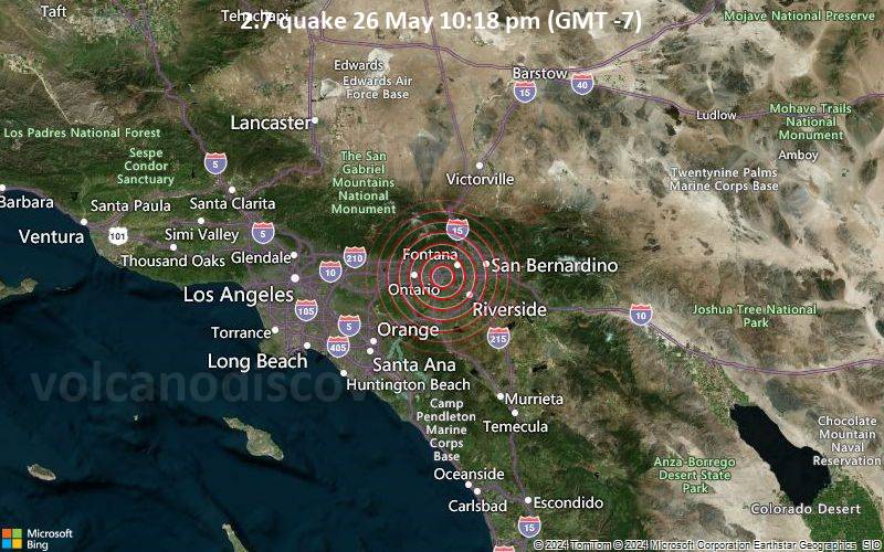 Schwaches Erdbeben Stärke 2.7 - - 6 km NNW of Glen Avon, CA, am Sonntag, 26. Mai 2024, um 22:18 (Los Angeles Zeit)