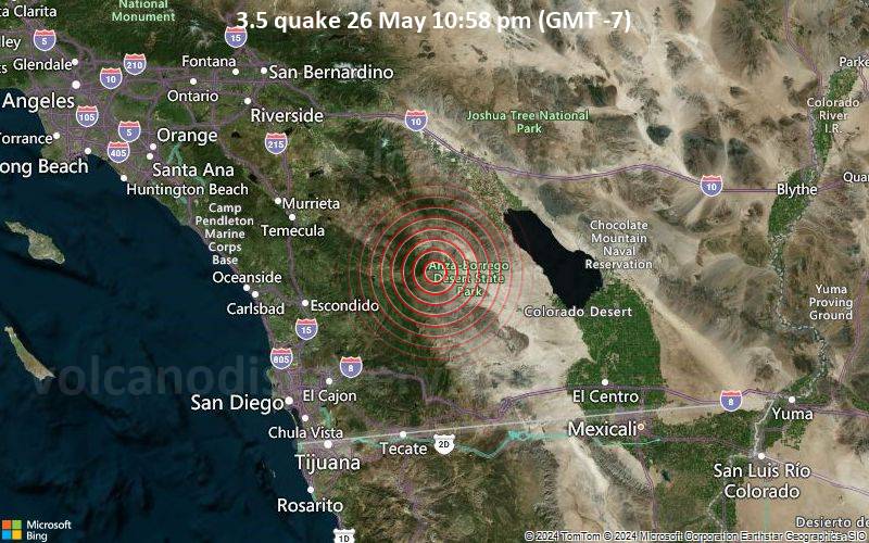 Leichtes Erdbeben der Stärke 3.5 - 6 km W of Borrego Springs, CA, am Sonntag, 26. Mai 2024, um 22:58 (Los Angeles Zeit)