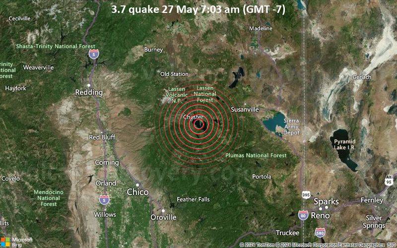 Leichtes Erdbeben der Stärke 3.7 - 4 km NNE of Almanor, CA, am Montag, 27. Mai 2024, um 07:03 (Los Angeles Zeit)