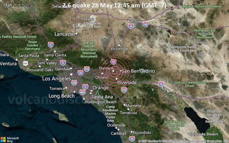 Schwaches Erdbeben Stärke 2.6 - 4 km E of Fontana, CA, am Dienstag, 28. Mai 2024, um 00:45 (Los Angeles Zeit)