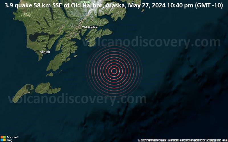 Leichtes Erdbeben der Stärke 3.9 - 58 km SSE of Old Harbor, Alaska, am Montag, 27. Mai 2024, um 22:40 (GMT -10)