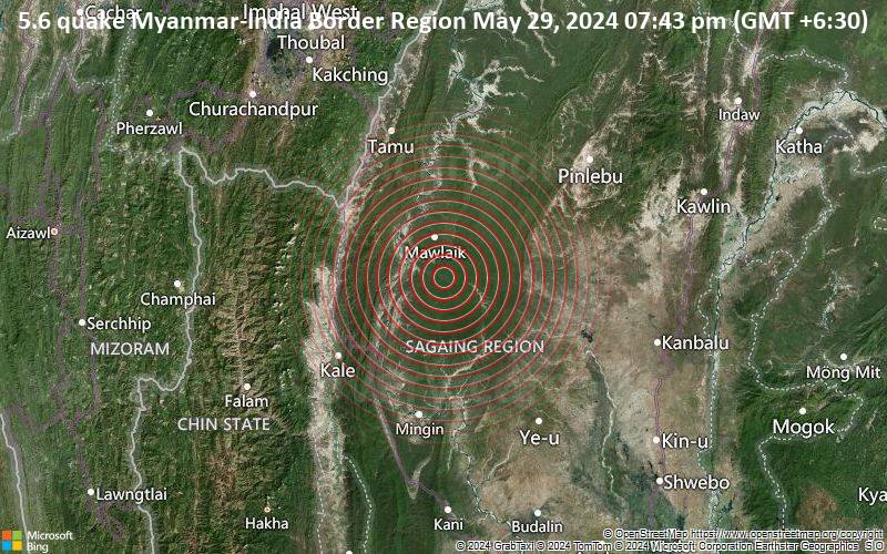 Starkes Beben der Stärke 5.6 - Myanmar-India Border Region am Mittwoch, 29. Mai 2024, um 19:43 (GMT +6:30)