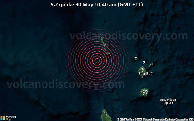 Starkes Beben der Stärke 5.2 - 229 km nördlich von Santo, Santo/Malo, Vanuatu, am Donnerstag, 30. Mai 2024, um 10:40 (GMT +11)