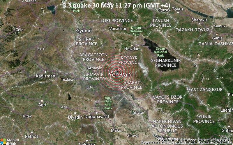 Leichtes Erdbeben der Stärke 3.3 - 7.1 km südwestlich von Jerewan, Yerevan, Armenien, am Donnerstag, 30. Mai 2024, um 23:27 (Yerevan Zeit)