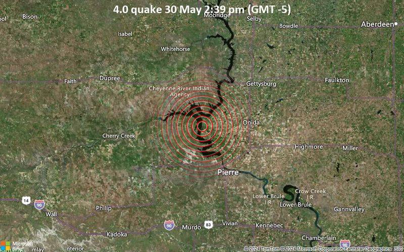 Moderates Erdbeben der Stärke 4.0 - 39 km NNW of Pierre, South Dakota, am Donnerstag, 30. Mai 2024, um 14:39 (GMT -5)
