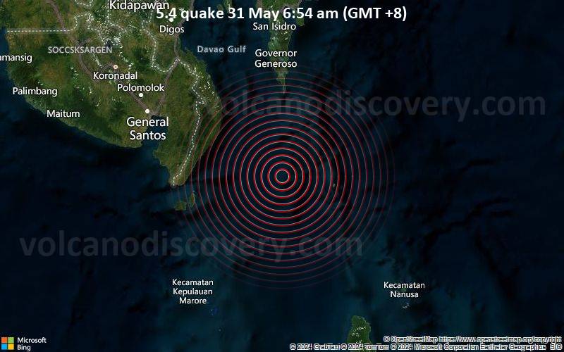 Starkes Beben der Stärke 5.4 - 68 km südöstlich von Caburan, Davao Occidental, Davao, Philippinen, am Freitag, 31. Mai 2024, um 06:54 (GMT +8)