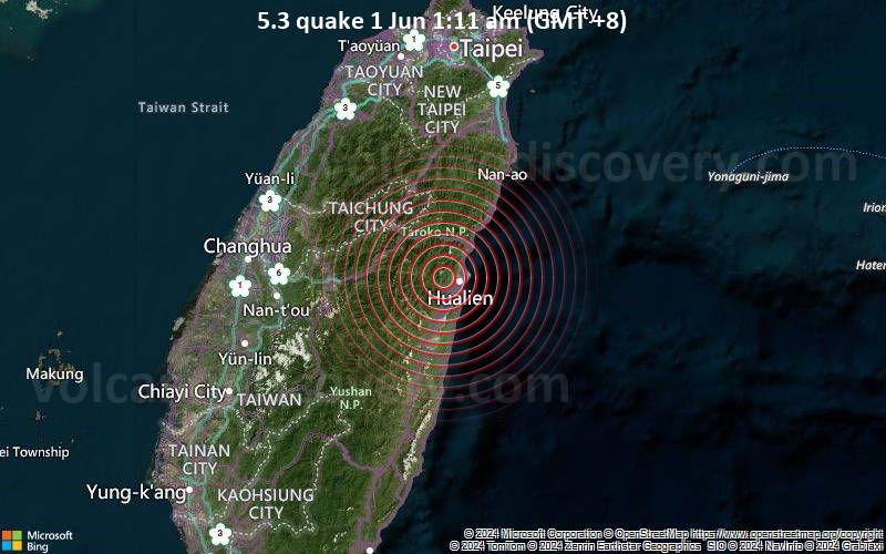 Starkes Beben der Stärke 5.3 - Taiwan am Samstag,  1. Juni 2024, um 01:11 (GMT +8)