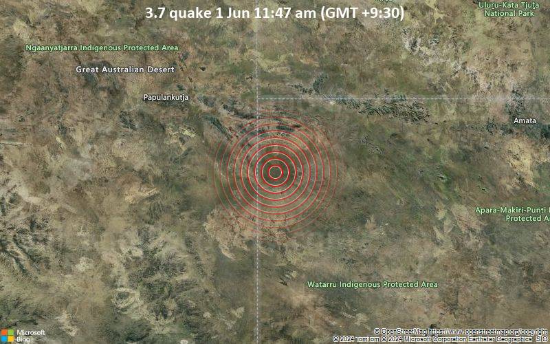 Leichtes Erdbeben der Stärke 3.7 - Australia: Surveyor Generals Corner, SA, am Samstag,  1. Juni 2024, um 11:47 (Adelaide Zeit)