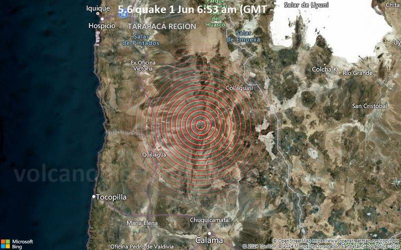Starkes Beben der Stärke 5.6 - Antofagasta, Chile, am Samstag,  1. Juni 2024, um 06:53 (Santiago Zeit)