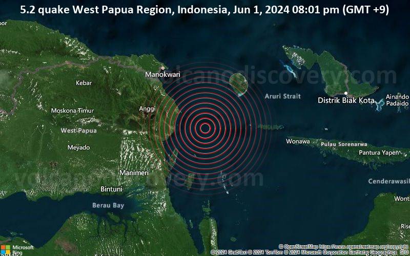 Starkes Beben der Stärke 5.2 - West Papua Region, Indonesia, am Samstag,  1. Juni 2024, um 20:01 (GMT +9)