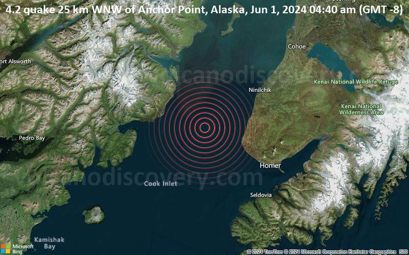 Moderates Erdbeben der Stärke 4.2 - 25 km WNW of Anchor Point, Alaska, am Samstag,  1. Juni 2024, um 04:40 (GMT -8)