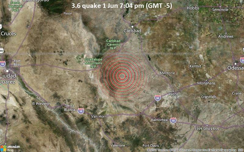 Leichtes Erdbeben der Stärke 3.6 - Culberson County, Texas, 86 km südlich von Carlsbad, Eddy County, New Mexico, USA, am Samstag,  1. Juni 2024, um 19:04 (Chicago Zeit)
