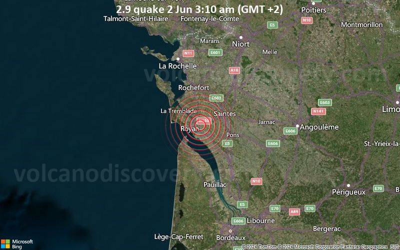 Schwaches Erdbeben Stärke 2.9 - near Saintes am Sonntag,  2. Juni 2024, um 03:10 (Paris Zeit)
