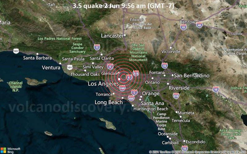 Leichtes Erdbeben der Stärke 3.5 - 4 km SSW of South Pasadena, CA, am Sonntag,  2. Juni 2024, um 09:56 (Los Angeles Zeit)