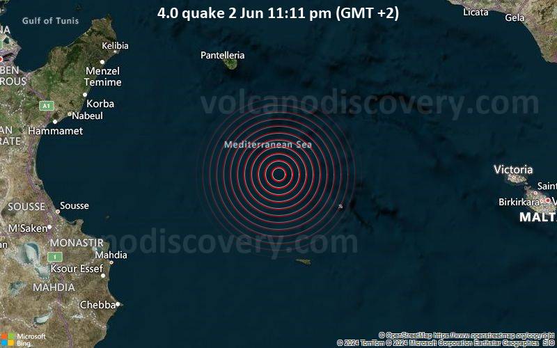 Moderates Erdbeben der Stärke 4.0 - 67 km nördlich von Lampedusa, Agrigento, Sizilien, Italien, am Sonntag,  2. Juni 2024, um 23:11 (GMT +2)