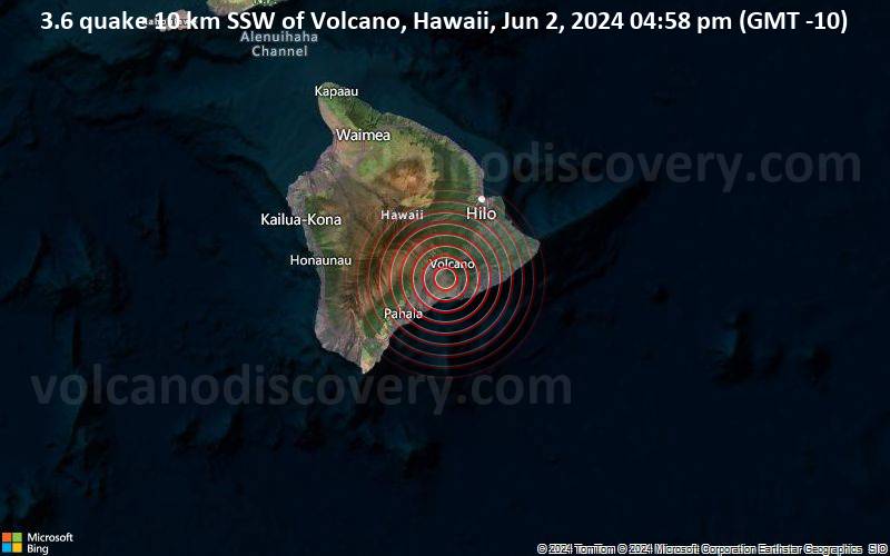 3.6 quake 10 km SSW of Volcano, Hawaii, Jun 2, 2024 04:58 pm (GMT -10)
