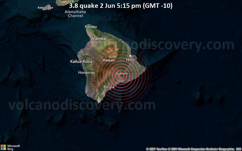 Leichtes Erdbeben der Stärke 3.8 - 42 km südwestlich von Hilo, Hawaii County, Hawaii, USA, am Sonntag,  2. Juni 2024, um 17:15 (Honolulu Zeit)