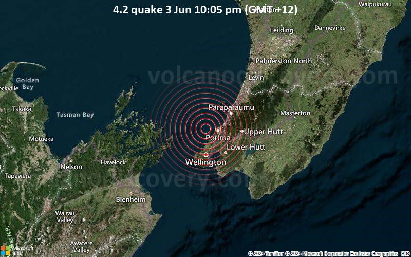 Moderates Erdbeben der Stärke 4.2 - Tasman Sea, 27 km nördlich von Wellington, Wellington, Neuseeland, am Montag,  3. Juni 2024, um 22:05 (Auckland Zeit)