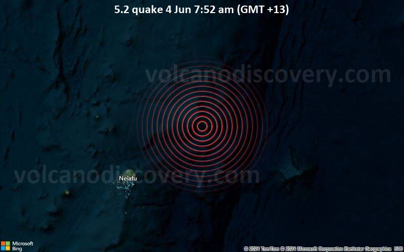 Starkes Beben der Stärke 5.2 - South Pacific Ocean, 103 km nordöstlich von Neiafu, Vava'u, Tonga, am Dienstag,  4. Juni 2024, um 07:52 (GMT +13)