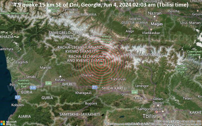 Moderates Erdbeben der Stärke 4.9 - 15 km SE of Oni, Georgia, am Dienstag,  4. Juni 2024, um 02:03 (Tbilisi Zeit)
