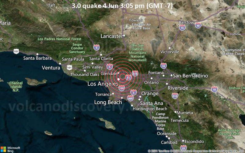 Leichtes Erdbeben der Stärke 3.0 - 4.6 km westlich von Alhambra, Los Angeles County, Kalifornien, USA, am Dienstag,  4. Juni 2024, um 15:05 (Los Angeles Zeit)