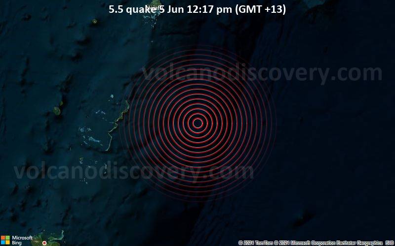 Starkes Beben der Stärke 5.5 - 226 km nordöstlich von Nuku’alofa, Tongatapu, Tonga, am Mittwoch,  5. Juni 2024, um 12:17 (GMT +13)