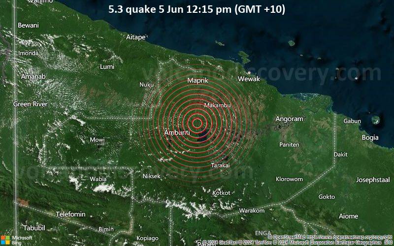 Starkes Beben der Stärke 5.3 - 27 km ENE of Ambunti, Papua New Guinea, am Mittwoch,  5. Juni 2024, um 12:15 (GMT +10)