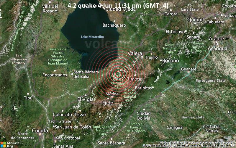 Moderates Erdbeben der Stärke 4.2 - 16 km südlich von Nueva Bolivia, Mérida, Venezuela, am Dienstag,  4. Juni 2024, um 23:31 (Caracas Zeit)