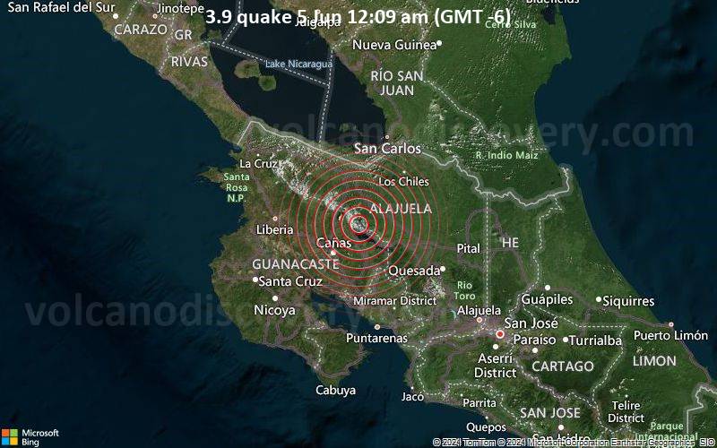 Leichtes Erdbeben der Stärke 3.9 - Costa Rica am Mittwoch,  5. Juni 2024, um 00:09 (GMT -6)