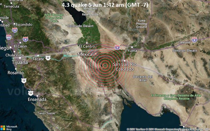 Moderates Erdbeben der Stärke 4.3 - 36 km südöstlich von Mexicali, Baja California, Mexiko, am Mittwoch,  5. Juni 2024, um 01:42 (Tijuana Zeit)