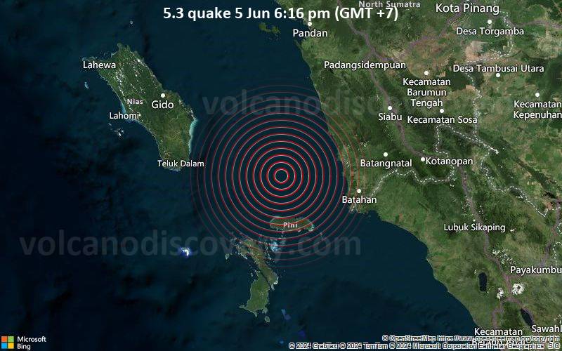 Starkes Beben der Stärke 5.3 - Nias Region, Indonesia, am Mittwoch,  5. Juni 2024, um 18:16 (GMT +7)