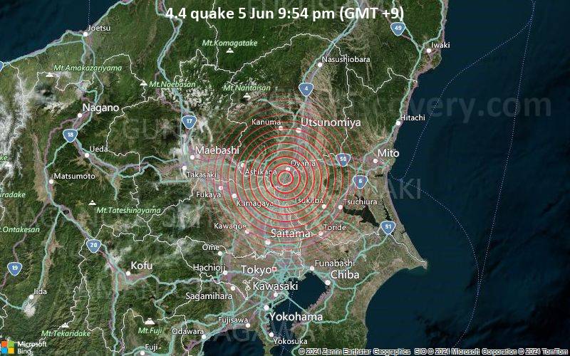 Moderates Erdbeben der Stärke 4.4 - 4.9 km südwestlich von Oyama, Tochigi, Japan, am Mittwoch,  5. Juni 2024, um 21:54 (GMT +9)