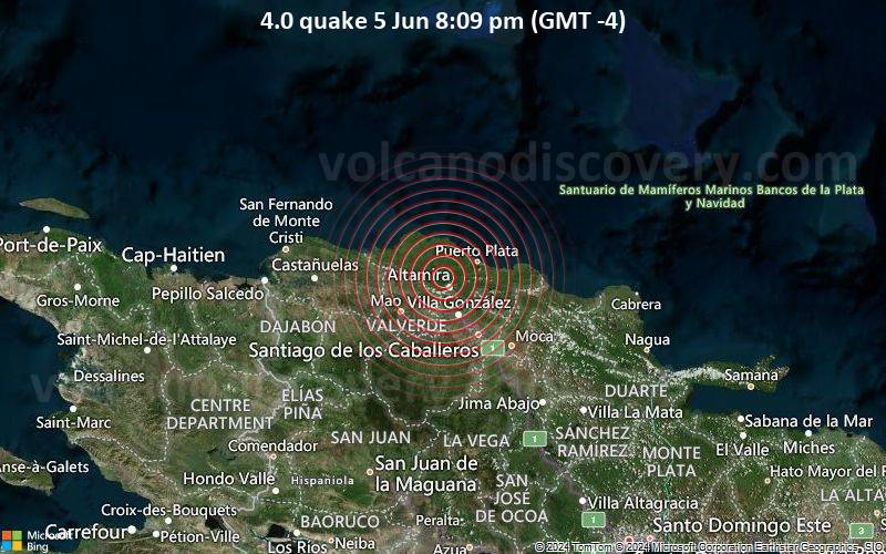 Moderates Erdbeben der Stärke 4.0 - Dominican Republic am Mittwoch,  5. Juni 2024, um 20:09 (Santo Domingo Zeit)